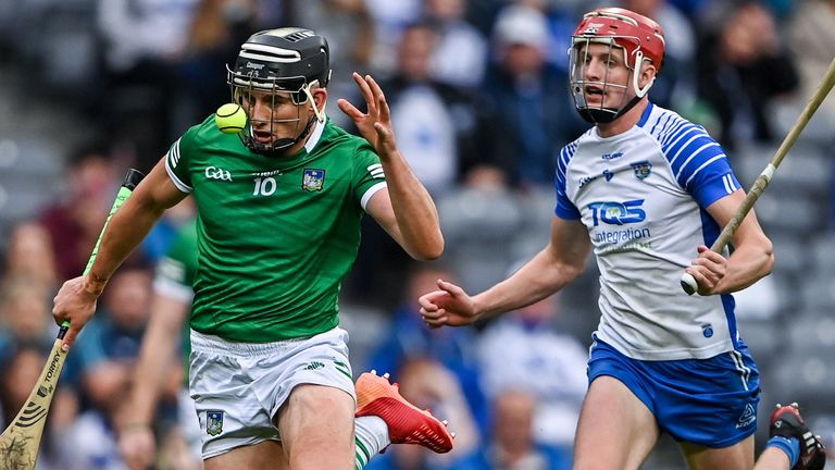 7 August 2021; Gearoid Hegarty of Limerick in action against Calum Lyons of Waterford during the GAA Hurling All-Ireland Senior Championship semi-final match between Limerick and Waterford at Croke Park in Dublin. Photo by Piaras .. M..dheach/Sportsfile
