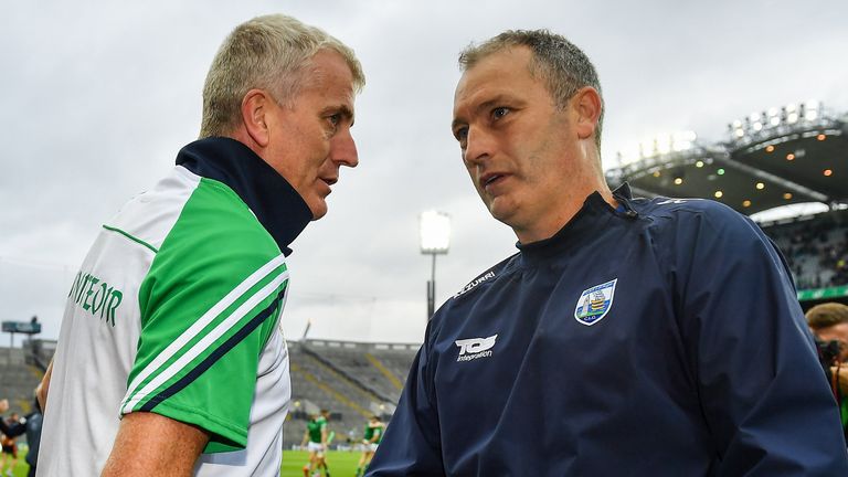 7 August 2021; Limerick manager John Kiely, left, and Waterford manager Liam Cahill shake hands after their GAA Hurling All-Ireland Senior Championship semi-final match at Croke Park in Dublin. Photo by Seb Daly/Sportsfile