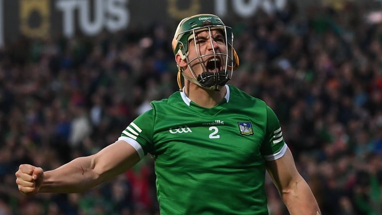 23 April 2022; Sean Finn of Limerick celebrates at the final whistle of the Munster GAA Hurling Senior Championship Round 2 match between Limerick and Waterford at TUS Gaelic Grounds in Limerick. Photo by Stephen McCarthy/Sportsfile