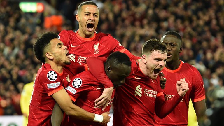 Liverpool players celebrate Sadio Mane&#39;s goal which gave them a 2-0 lead in the Champions League semi-final