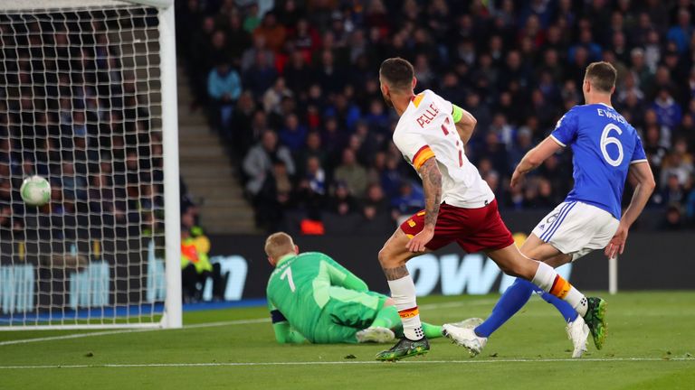 Lorenzo Pellegrini puts Roma in front at Leicester in the first leg of their Europa Conference League semi-final
