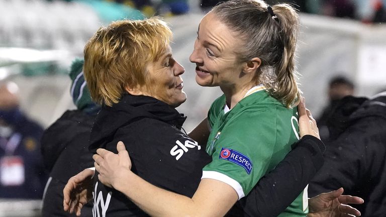 Republic of Ireland head coach Vera Pauw embraces Louise Quinn 