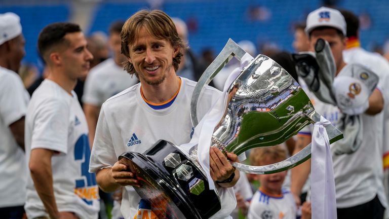 Luka Modric celebrates winning Real Madrid's 35th LaLiga title