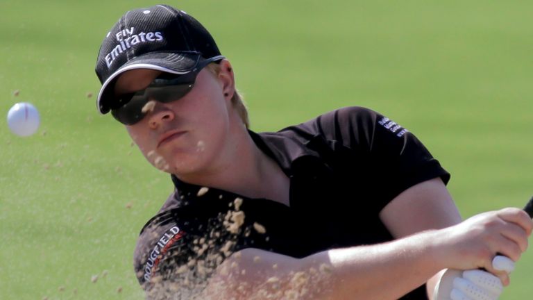 Wales' Lydia Hall hits a shot from the bunker beside the 1st green during the final round of the Dubai Ladies Masters held at the Emirates Golf Club, Dubai, UAE, on Saturday, Dec. 11, 2010. (AP Photo/Tersia Potgieter)