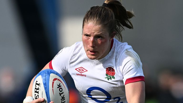 PARMA, ITALY - APRIL 03: Lydia Thompson of England runs with the ball during the TikTok Women's Six Nations match between Italy and England at Stadio Sergio Lanfranchi on April 03, 2022 in Parma, Italy. (Photo by Chris Ricco - RFU/Getty Images)