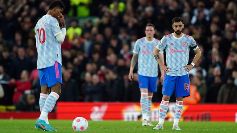 Manchester United players look dejected after going 2-0 down at Anfield