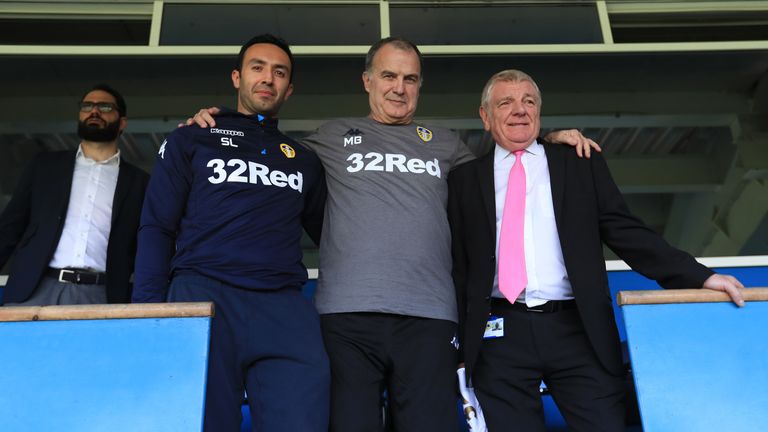 New Leeds United manager Marcelo Bielsa (centre) with coach Salim Lamrani (left) during the press conference at Elland Road, Leeds. PRESS ASSOCIATION Photo.