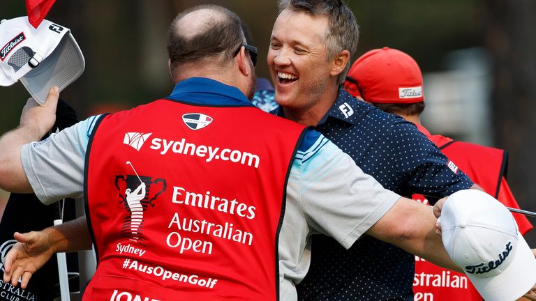 SYDNEY, AUSTRALIA - DECEMBER 08: Matt Jones (AUS) celebrates the win with his caddie at The Australian Open Golf at The Australian Golf Club on December 08, 2019 in Sydney, Australia. (Photo by Speed Media/Icon Sportswire)