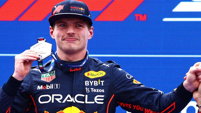 Max Verstappen celebrates his Sprint victory in Imola