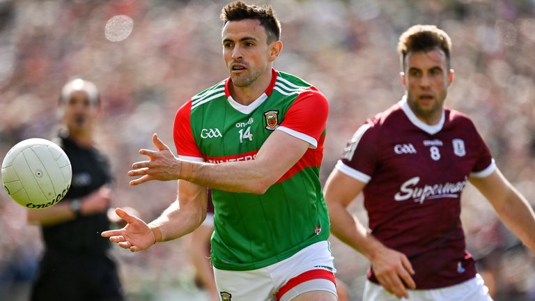 24 April 2022; Jason Doherty of Mayo in action against Paul Conroy of Galway during the Connacht GAA Football Senior Championship Quarter-Final match between Mayo and Galway at Hastings Insurance MacHale Park in Castlebar, Mayo. Photo by Brendan Moran/Sportsfile