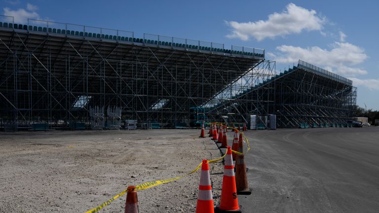 The back side of stands, still under construction, are seen at the site of the Miami International Autodrome, a race track being built around Hard Rock Stadium for Formula One racing, in Miami Gardens, Fla., Thursday, Feb. 10, 2022. The first Formula One Grand Prix race in Miami will be held on May 8. (AP Photo/Rebecca Blackwell)                                                 