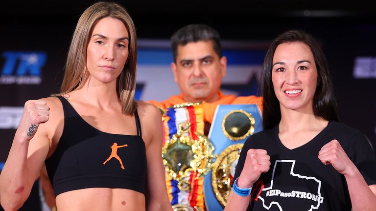 COSTA MESA, CALIFORNIA - APRIL 08: Mikaela Mayer (L) and Jennifer Han (R) pose during the weigh in prior to their WBO and IBF junior lightweight championship fight on April 08, 2022 in Costa Mesa, California. (Photo by Mikey Williams/Top Rank Inc via Getty Images)