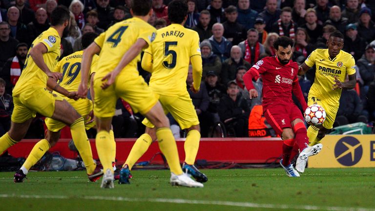 Mo Salah shoots over the bar in the first half against Villarreal