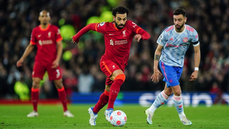 Mohamed Salah in action during the Premier League match against Manchester United