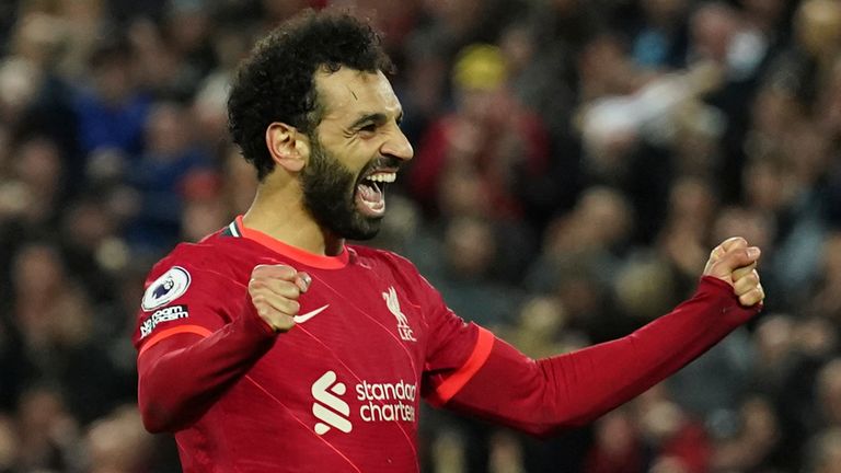 Mohamed Salah celebrates his second goal of the game (AP)