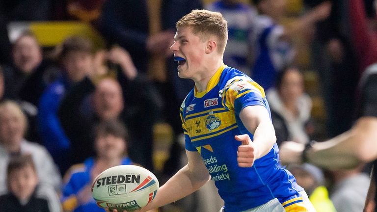 Leeds's Morgan Gannon celebrates his try against Hull KR.