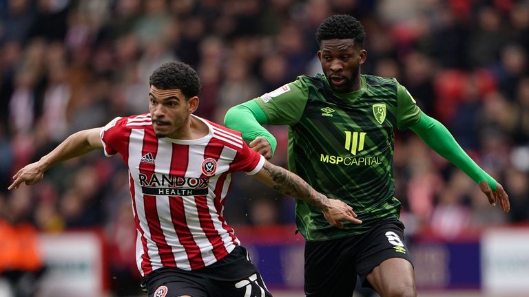 Sheffield United's Morgan Gibbs-White (left) and AFC Bournemouth's Jefferson Lerma battle for the ball