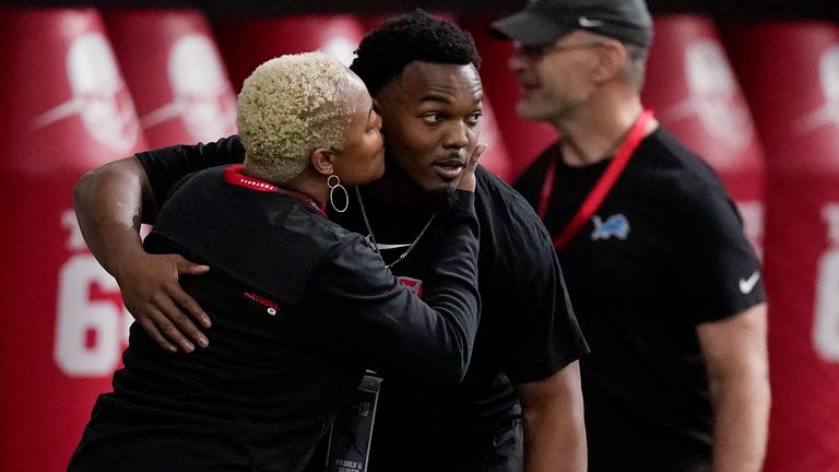 Nakobe Dean and mother, Neketta Dean, left, during Georgia's Pro Day 