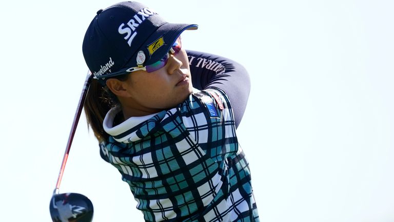 Nasa Hataoka tees off at the 11th tee during the third round of LPGA's DIO Implant LA Open golf tournament at Wilshire Country Club on Saturday, April 23, 2022, in Los Angeles. (AP Photo/Ashley Landis)