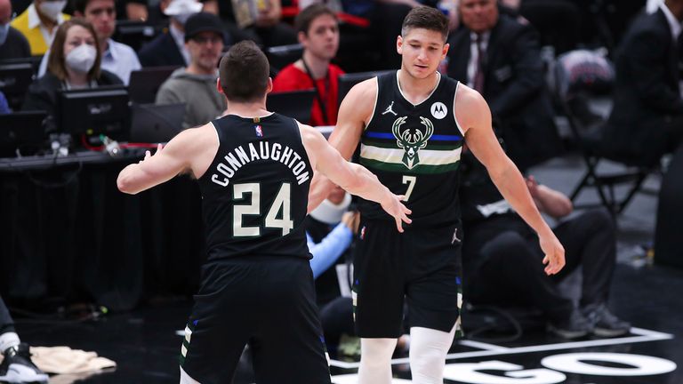 CHICAGO, IL - APRIL 24: Milwaukee Bucks guard Pat Connaughton (24) and Milwaukee Bucks guard Grayson Allen (7) react to a play during Game Four of the Eastern Conference First Round Playoffs between the Milwaukee Bucks and the Chicago Bulls on April 24, 2022 at the United Center in Chicago, IL.