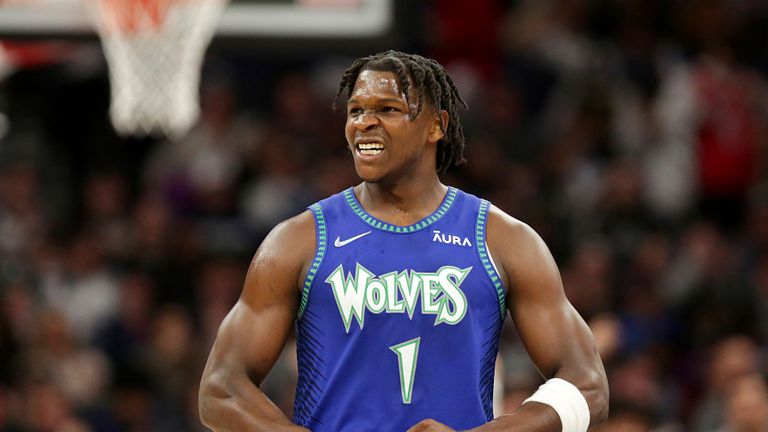 Minnesota Timberwolves forward Anthony Edwards celebrates after scoring in second half during an NBA basketball game against the San Antonio Spurs Thursday, April 7, 2022, in Minneapolis.(AP Photo/Andy Clayton-King)