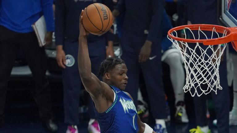 Anthony Edwards #1 of the Minnesota Timberwolves dunks the ball against the Memphis Grizzlies during Round 1 Game 6 of the 2022 NBA Playoffs on April 29, 2022 at Target Center in Minneapolis, Minnesota. 