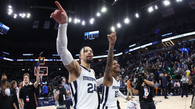 APRIL 29: Dillon Brooks #24 of the Memphis Grizzlies and Ja Morant #12 celebrate after Round 1 Game 6 of the 2022 NBA Playoffs on April 29, 2022 at Target Center in Minneapolis, Minnesota.