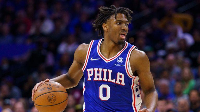 Philadelphia 76ers&#39; Tyrese Maxey in action during Game 1 of an NBA basketball first-round playoff series against the Toronto Raptors, Saturday, April 16, 2022, in Philadelphia. The 76ers won 131-111.