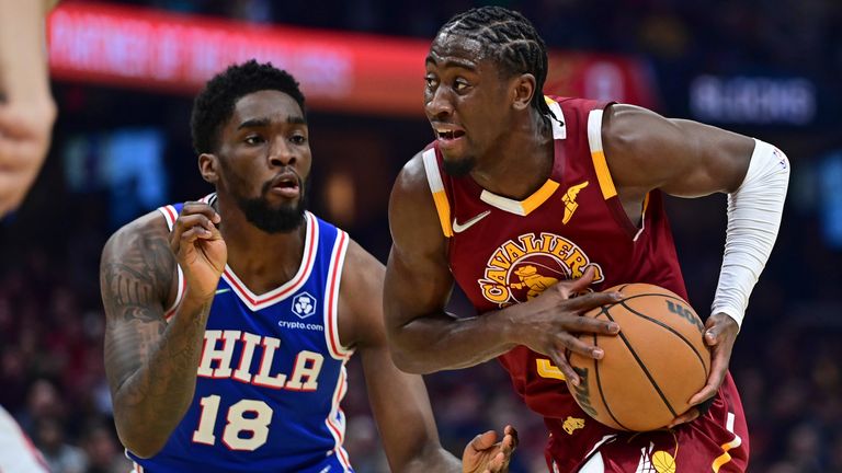 Cleveland Cavaliers guard Caris LeVert (3) goes to the basket against Philadelphia 76ers guard Shake Milton (18) in the first half of an NBA basketball game