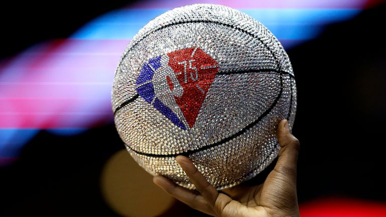 A close-up of the NBA 75 ball during the NBA Play-In Tournament clash between the New Orleans Pelicans and the San Antonio Spurs at Smoothie King Center