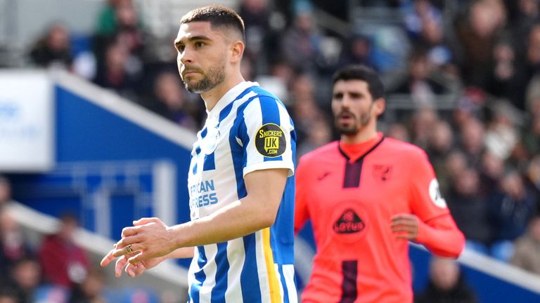 Brighton's Neal Maupay reacts after missing a penalty