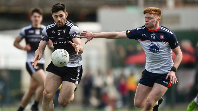 17 April 2022; Nathan Mullen of Sligo in action against Tiarnan Mathers of New York during the Connacht GAA Football Senior Championship Quarter-Final match between New York and Sligo at Gaelic Park in New York, USA. Photo by Daire Brennan/Sportsfile