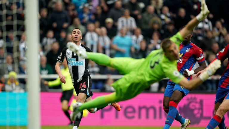 Newcastle United&#39;s Miguel Almiron scores the opening goal during the Premier League match at St. James&#39; Park, Newcastle upon Tyne.