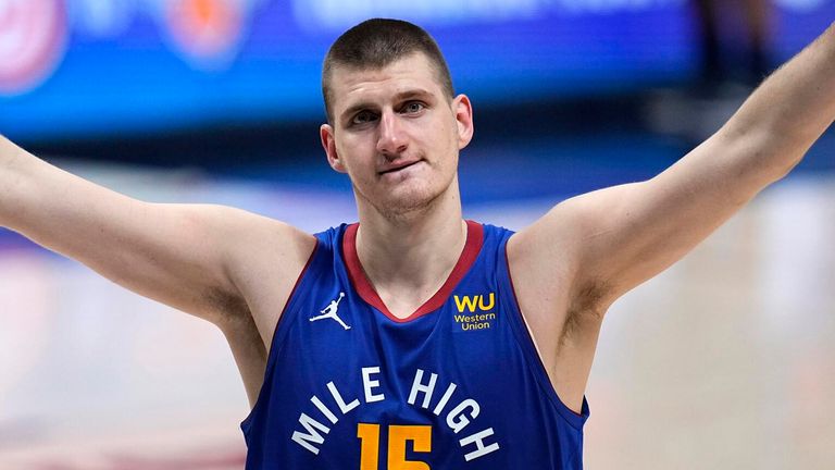 Denver Nuggets center Nikola Jokic celebrates a double overtime win against the Portland Trail Blazers in Game 5 of the 2021 Western Conference Playoffs