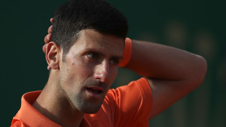 Serbia's Novak Djokovic reacts as he plays Spain's Alejandro Davidovich Fokina during their second round match at the Monte-Carlo Masters tennis tournament, Tuesday, April 12, 2022 in Monaco. (AP Photo/Daniel Cole)