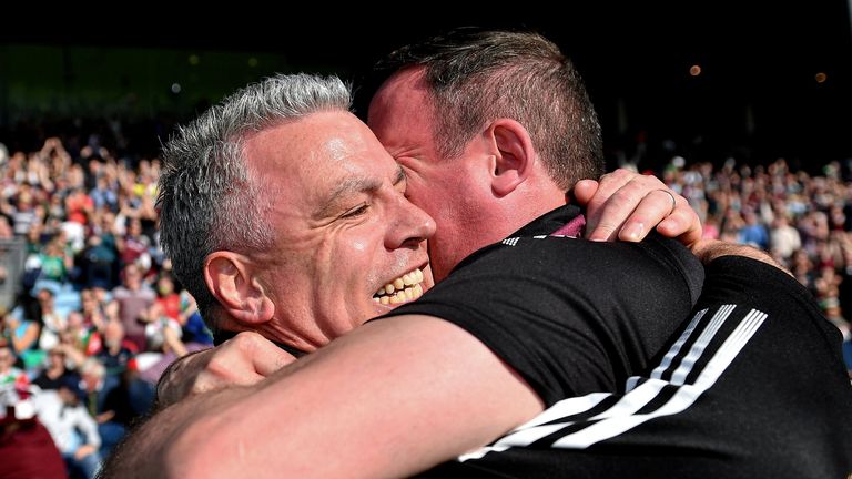 24 April 2022; Galway manager Padraic Joyce, left, and selector John Concannon celebrate at the final whistle of the Connacht GAA Football Senior Championship Quarter-Final match between Mayo and Galway at Hastings Insurance MacHale Park in Castlebar, Mayo. Photo by Brendan Moran/Sportsfile