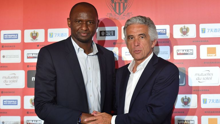 Patrick Vieira poses with Nice president Jean-Pierre Rivere following his appointment