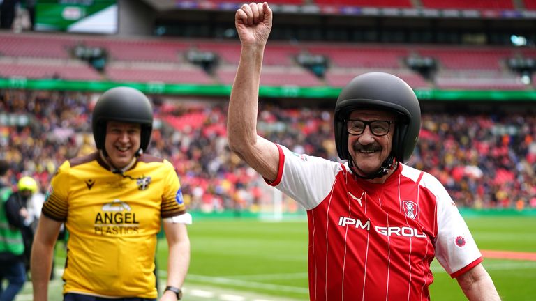 Celebrity fans Paul Chuckle and Tim Vine delivered the Papa John's Trophy and the match ball respectively - on the back of mopeds!