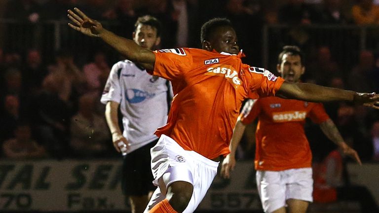 Pelly Ruddock-Mpanzu, scoring here against Dartford in a league match in 2014, has been with Luton since their Conference days