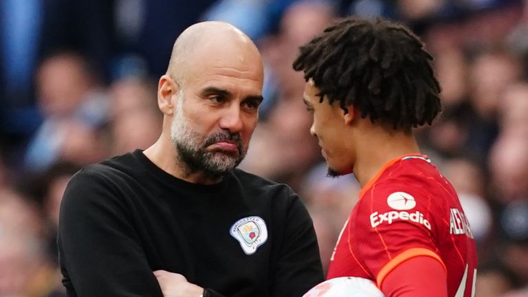 Pep Guardiola confronts Trent Alexander-Arnold