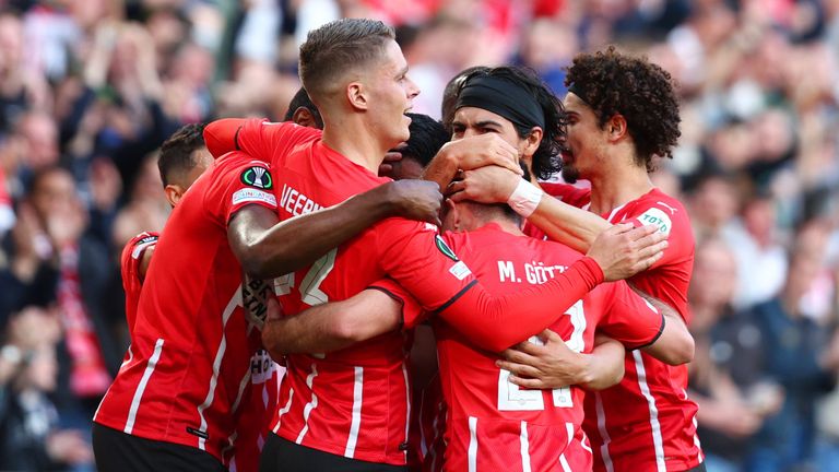 PSV players celebrate after Eran Zahavi scores against Leicester 