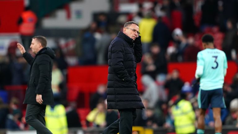 Manchester United manager Ralf Rangnick (centre) reacts following the Premier League match at Old Trafford, Manchester.