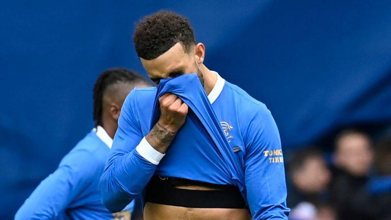 GLASGOW, SCOTLAND - APRIL 03: Rangers&#39; Connor Goldson looks dejected at full time during a cinch Premiership match between Rangers and Celtic at Ibrox Stadium, on April 02, 2022, in Glasgow, Scotland.  (Photo by Rob Casey / SNS Group)