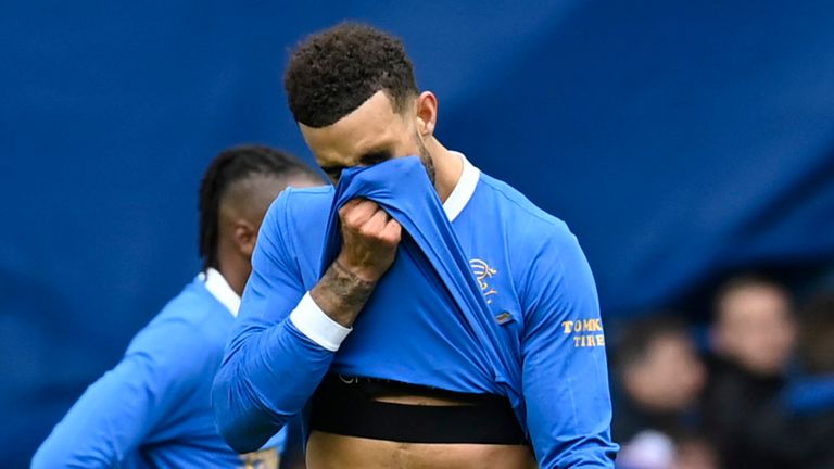 GLASGOW, SCOTLAND - APRIL 03: Rangers' Connor Goldson looks dejected at full time during a cinch Premiership match between Rangers and Celtic at Ibrox Stadium, on April 02, 2022, in Glasgow, Scotland.  (Photo by Rob Casey / SNS Group)