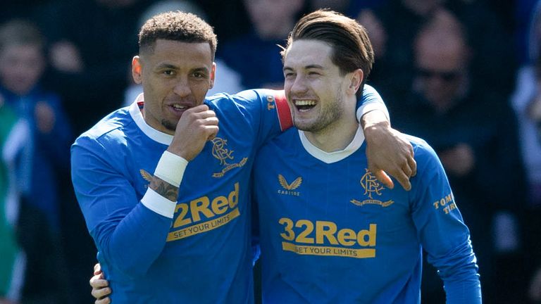 Scott Wright celebrates with James Tavernier after restoring Rangers' lead at Motherwell