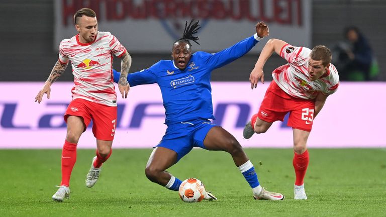 Joe Aribo of Rangers is challenged by Marcel Halstenberg and Angelino of RB Leipzig