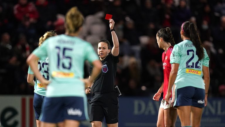 Referee Emily Heaslip shows a red card to Leicester City&#39;s Jemma Purfield during the Barclays FA Women&#39;s Super League match at Meadow Park, Borehamwood