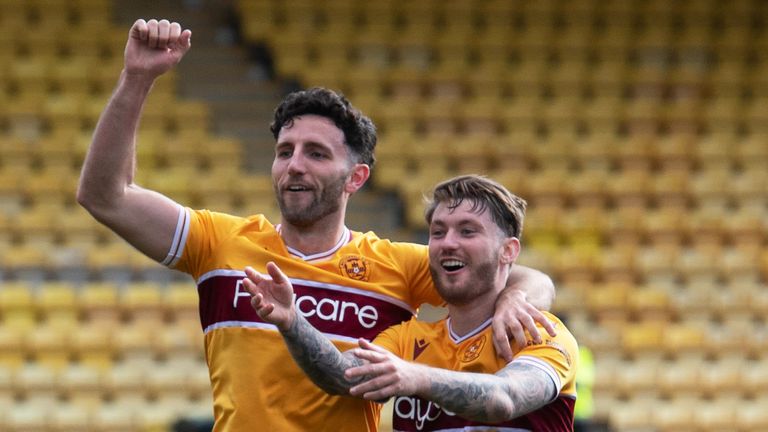 LIVINGSTON, SCOTLAND - APRIL 09: Ricki Lamie and Calum Slatterey celebrate at Full Time during a cinch Premiership match between Livingston and Motherwell at the Tony Macaroni Arena, on April 09, 2022, in Livingston, Scotland. (Photo by Mark Scates / SNS Group)