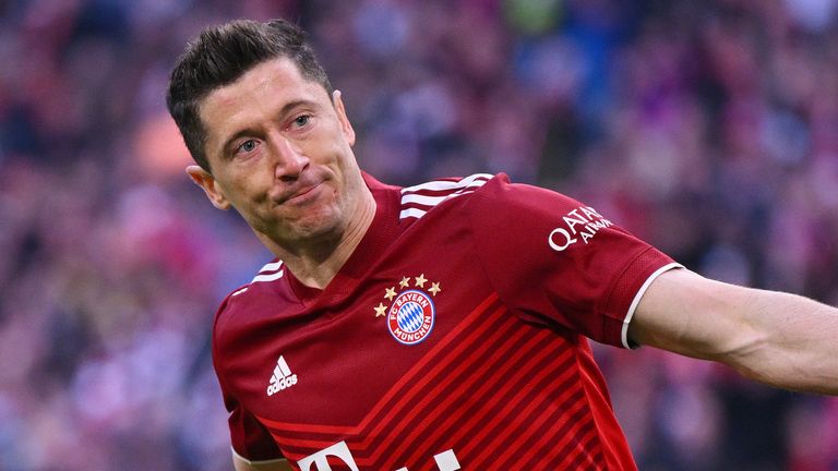 Robert Lewandowski celebrates after giving Bayern Munich a two-goal lead against Borussia Dortmund