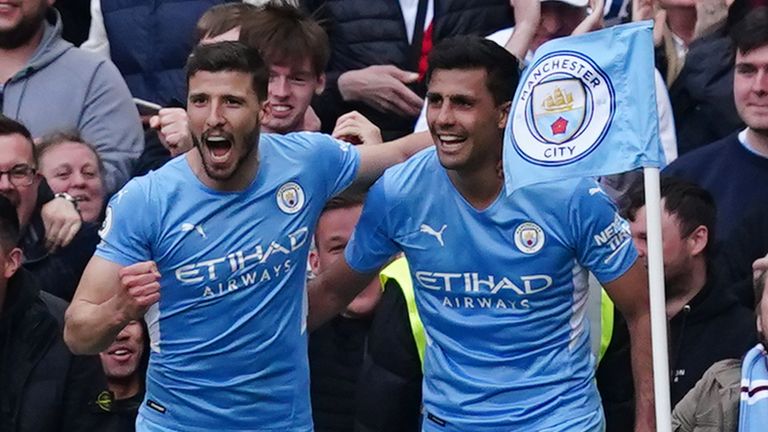 Rodri celebrates after scoring for Manchester City against Watford